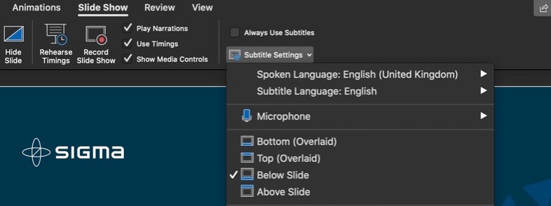 Screenshot of Microsoft PowerPoint in dark mode showing the Subtitle Settings dropdown open and additional options